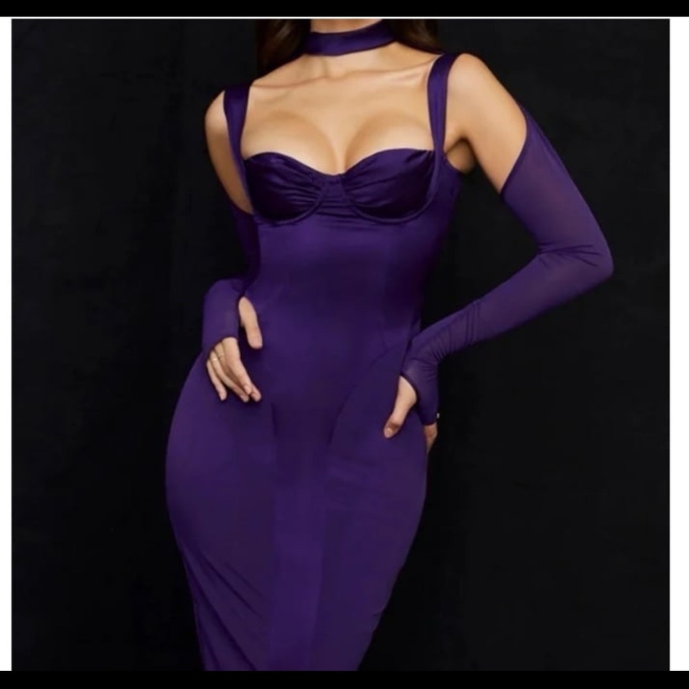 House of CB Deep Purple Midi Dress with Matching Gloves